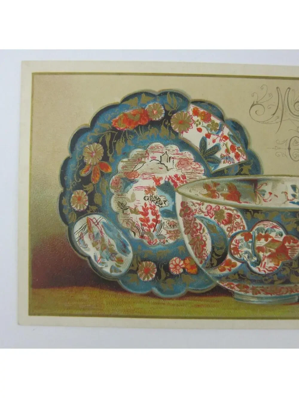 Victorian Christmas Card Dishes Plate & Bowl Blue Red Gold & White Antique